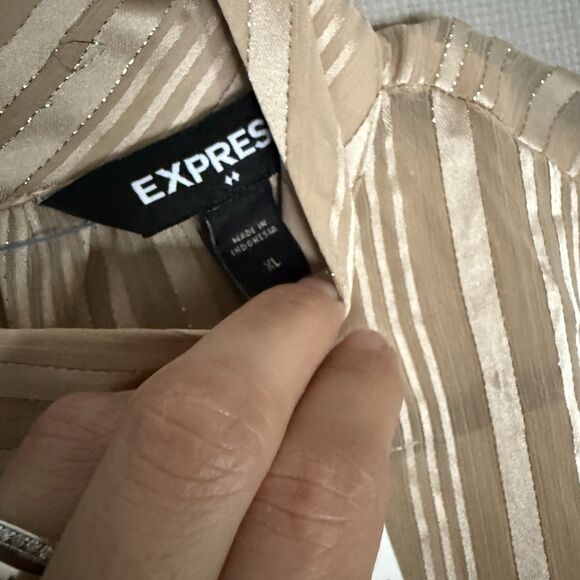 Express Women Blouse Extra Large Gold Satin Striped Long Sleeve Button Neck New - Picture 2 of 10